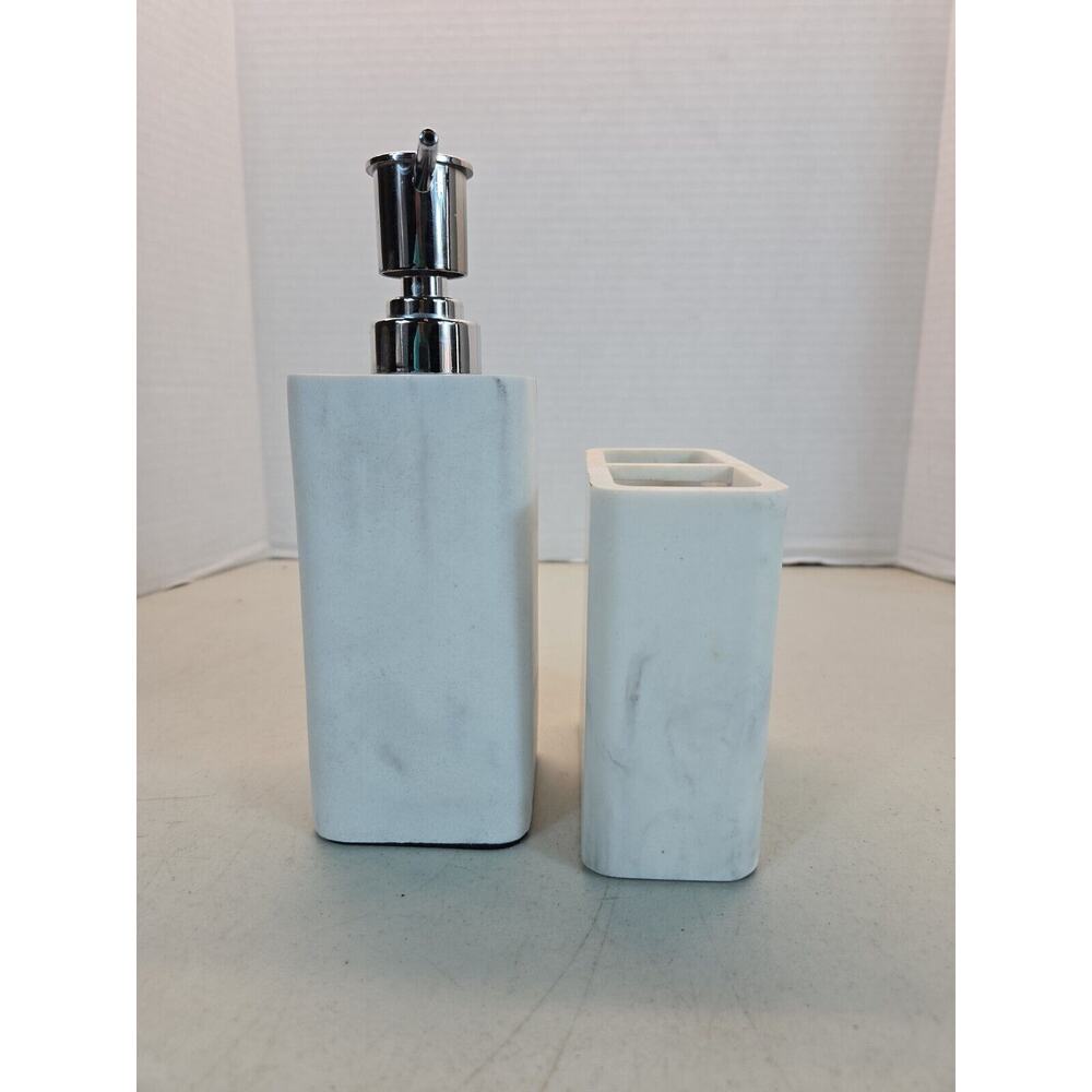 Better Homes&Gardens Faux Marble Resin Pump Dispenser & Toothbrush Holder, White - Picture 2 of 4